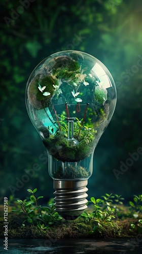 Light bulb with green world map on natural backgound represents renewable energy.Green energy,energy saving concept. AI generated illustration