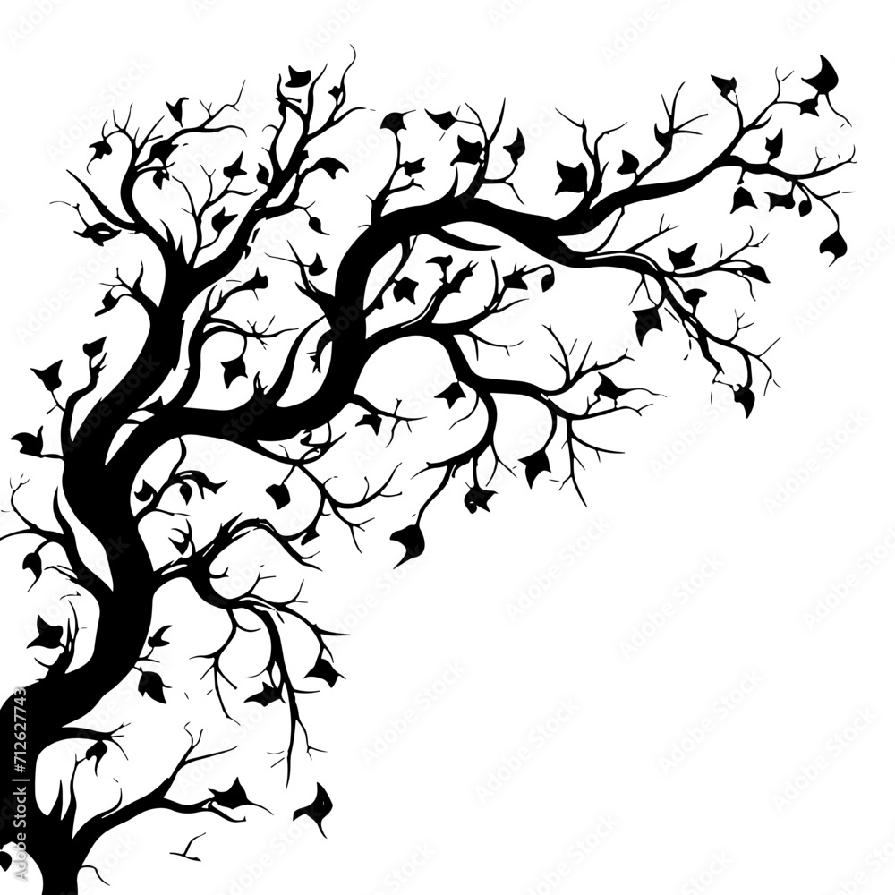 Fototapeta premium tree, nature, vector, illustration, silhouette, branch, leaf, design, plant, floral, black, flower, art, drawing, decoration, pattern, spring, bird, element, season, frame, forest, leaves, old, trunk,