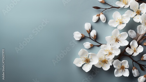 White blossoms with copy space against a dark grey  backdrop  Generative AI.