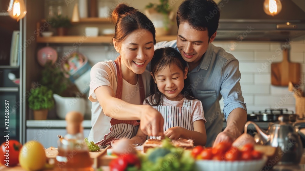 Asian family cooking vegetable pie together in kitchen and teaching child to cook Asian family cooking vegetable pie together in kitchen and teaching child to cook