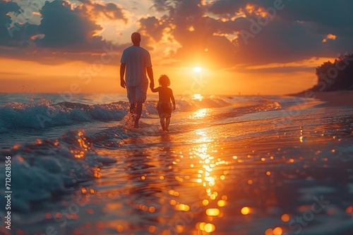 silhouette of a father holding a hand with his little son walking along the seashore and going into the distance against the backdrop of a sunset in golden tones.concept of a father s day