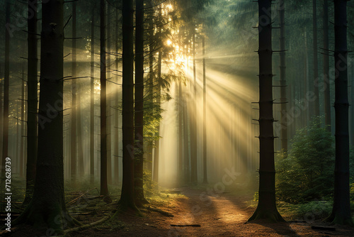 image of sunlight at dusk entering through the trees of a dark forest photo