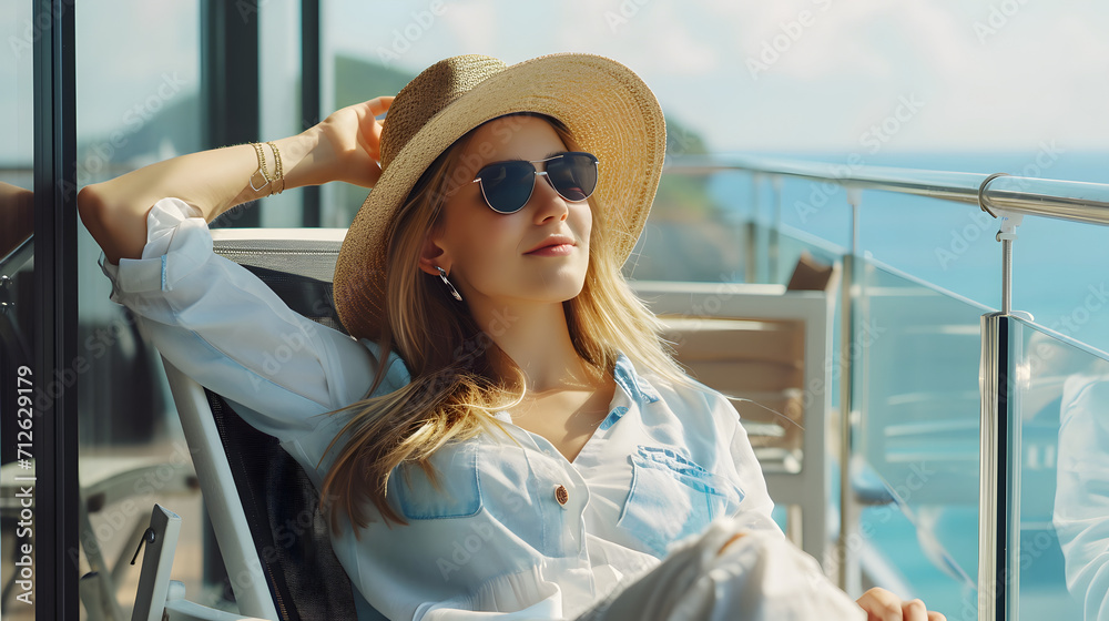 Beautiful young woman smiling relaxing in chair on balcony, vacation concept