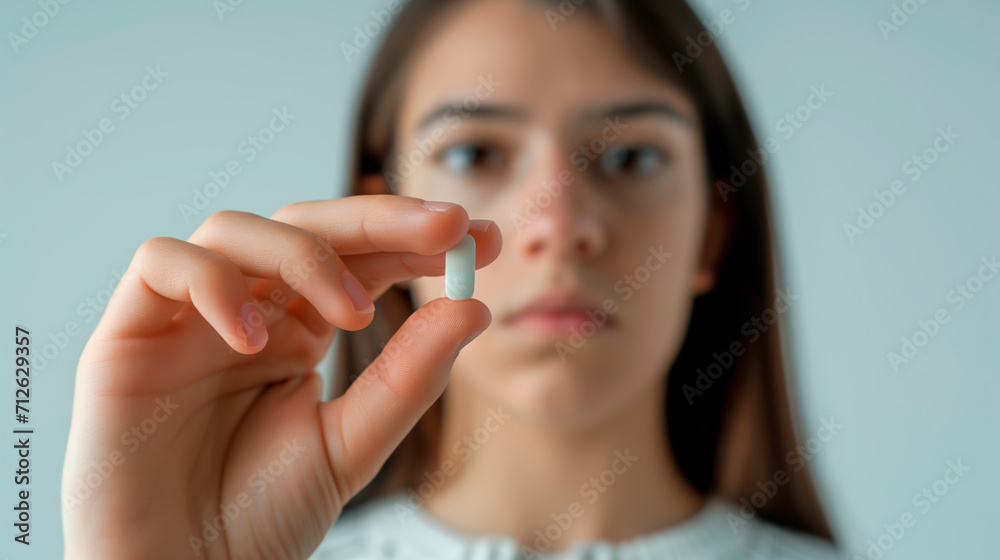 Gril holding out a pill between her fingers, health care and medication concept. Shallow focus on pill.
Gril holding out a pill between her fingers, health care and medication concept. Shallow focus on pill.