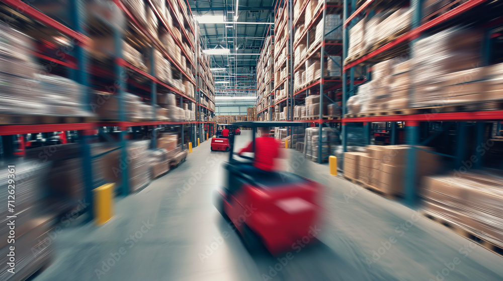 Forklift in motion in busy warehouse, logistics and storage. Intentional blur.
