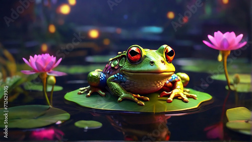 A frog sits on a leaf with a flowers in the background © ParthoArt