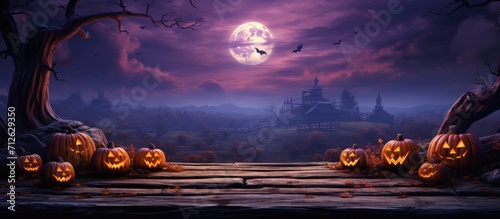 Halloween Old Wooden Plank Table, With Orange Pumpkins in Purple Moonlight Landscape photo