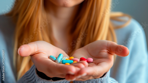 Hand holding variety of colorful pills, pharmaceutical concept. 