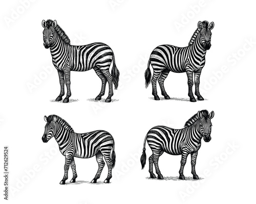 set of zebra illustration. hand drawn zebra black and white vector illustration. isolated white background