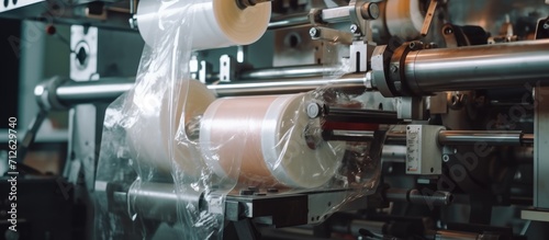 Close up view of roll plastic bag production machine