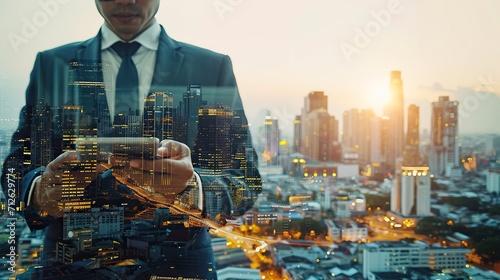 Double exposure of business man holding digital tablet and city background. real estate business development concepts, investments with copy space