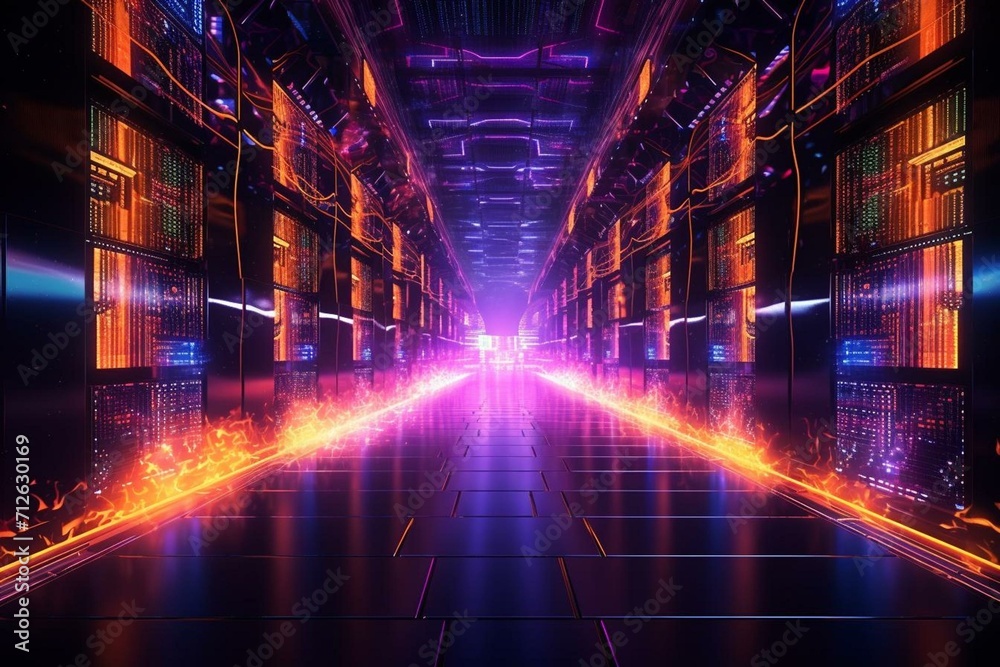 A futuristic background with network, data, server, internet, and speed lines leading into a tunnel of modern technology, neon lights. Generative AI