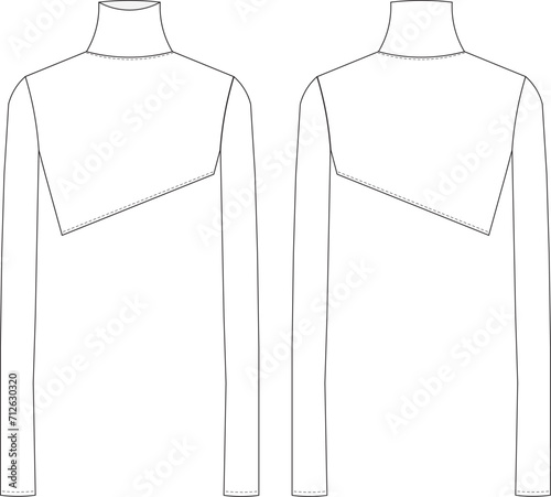 turtleneck long sleeve asymmetric hem cropped blouse crop sweater template technical drawing flat sketch cad mockup fashion woman design style model