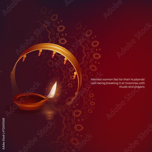 Poster celebrating Karwa Chauth, featuring a decorative thali and traditional elements on a red background.