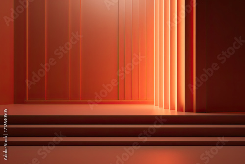 Peach orange background. Podium space for cosmetics  equipment  gadgets. Neon glow futuristic space design  empty space base.