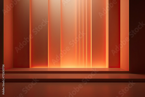 Peach orange background. Podium space for cosmetics, equipment, gadgets. Neon glow futuristic space design, empty space base.