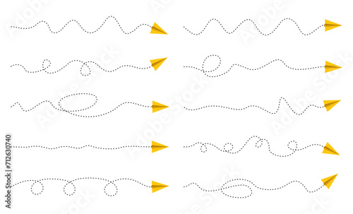 Set of dashed line paper airplane route. travel and air flight icons. Paper plane or aircraft on line path, aviation and flight travel trip planes on track trace flying in sky. Vector illustration