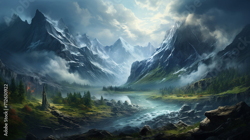 Illustration of an imaginary world  panorama of a tall rocky mountain covered in white smoke  under the mountain flowing a clear and fresh river  on the bank of the river   Generate AI