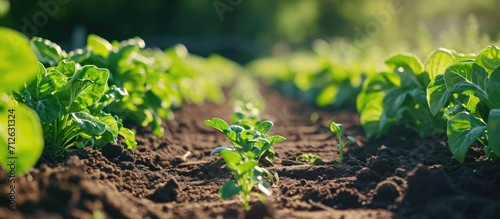 Organic vegetables grown on a sunny farm using eco-friendly methods. Agriculture and agro business with selective focus on young pepper, leek, and cabbage plantation rows. photo