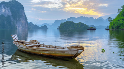 calm lake at sunrise with a wooden boat in the foreground and misty mountains in the distance under a soft golden sky