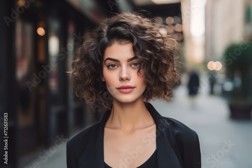 Portrait of a beautiful young woman with curly hairstyle in the city