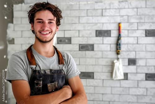 Young male tile installer in new home photo