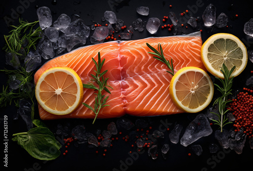 a thin filet of salmon on a dark background and ice