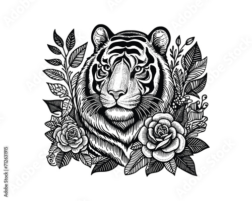 tiger head illustration. hand drawn tiger black and white vector illustration. isolated white background