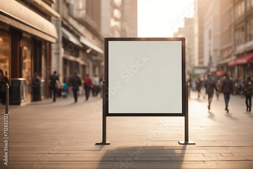 Display blank, clean screen or signboard mockup for offers or advertisements in public areas with people walking. photo