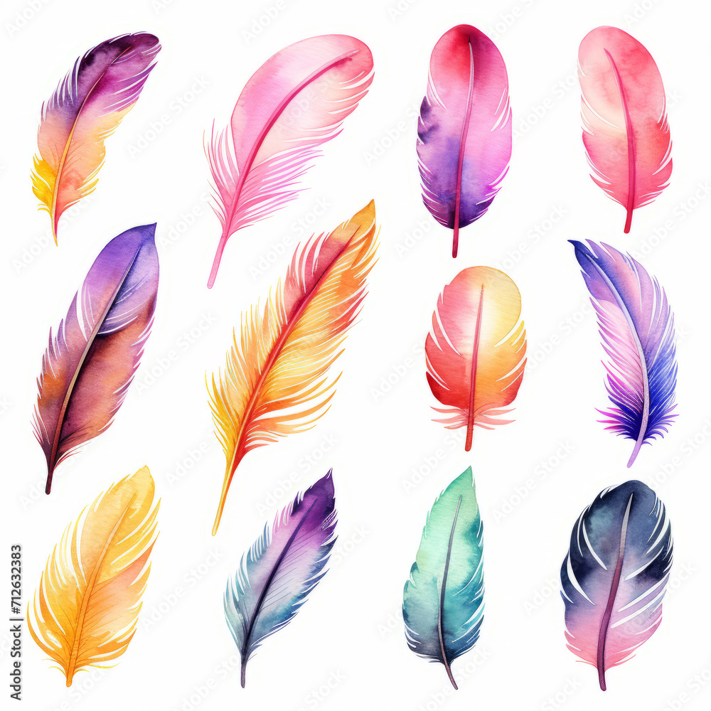Watercolor exotic bird feathers. Multi-colored feathers. - obrazy, fototapety, plakaty 