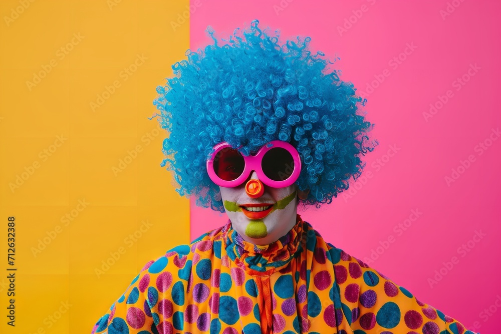 Clown with Wig, Sunglasses, and Colorful Robe on a Joyful Stroll Clown with Wig, Sunglasses, and Colorful Robe on a Joyful Stroll