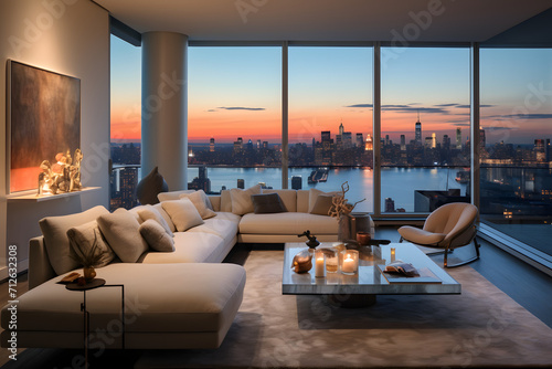 nice clean odern interior, clean white interior design of a penthouse livingroom inside of a skyscraper
