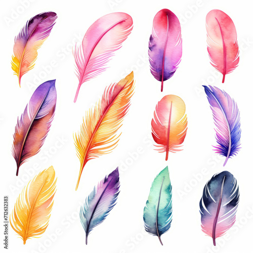 Watercolor exotic bird feathers. Multi-colored feathers. © Ольга Никифорова