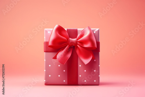 Bright pink gift box wrapped in polka dot paper with a satin ribbon bow on a pink background. Holiday gift.