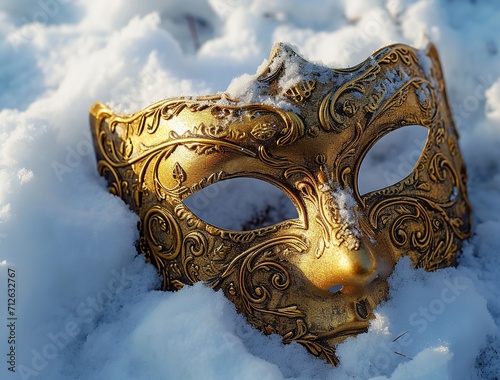 Gold Masquerade Mask on a Snow-Covered Area: Winter Elegance