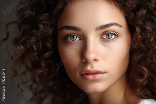 Beauty woman with curly hair, face and healthy clean skin, natural makeup. Beauty and spa concept. close-up portrait of a young beautiful woman.