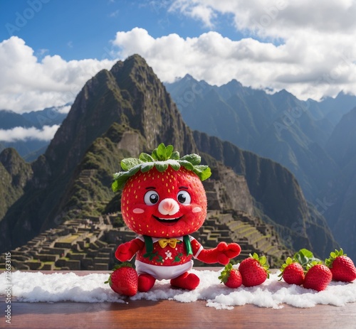 Funny strawberry mascot chracter in the mountains. The concept of healthy eating. photo