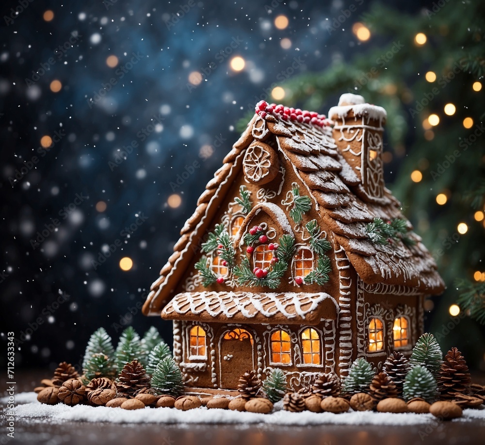 Gingerbread house with Christmas tree and snow on dark background