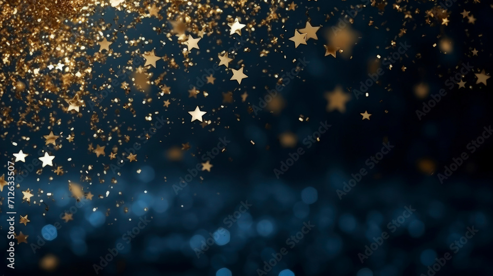 Festive dark blue bokeh background with flying golden stars and bright particles. Beautiful Illustration for greeting card, carnival, holiday, celebration. - obrazy, fototapety, plakaty 