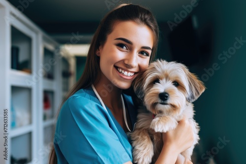 Smiling portrait of a veterinarian with dog at clinic