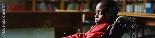 Disabled black school boy child in a wheelchair in a library filled with books for learning. Primary school education and ethnic diversity and inclusion and representation concept