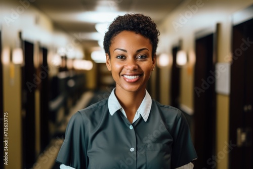 Smiling portrait of a young maid at hotel photo