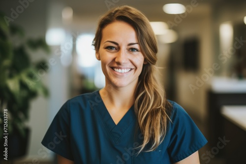 Portrait of a young nurse in scrubs at hospital photo