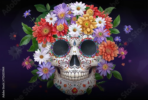 The Sugar Skull Decorated in Colorful Flowers: Vibrant Celebration
