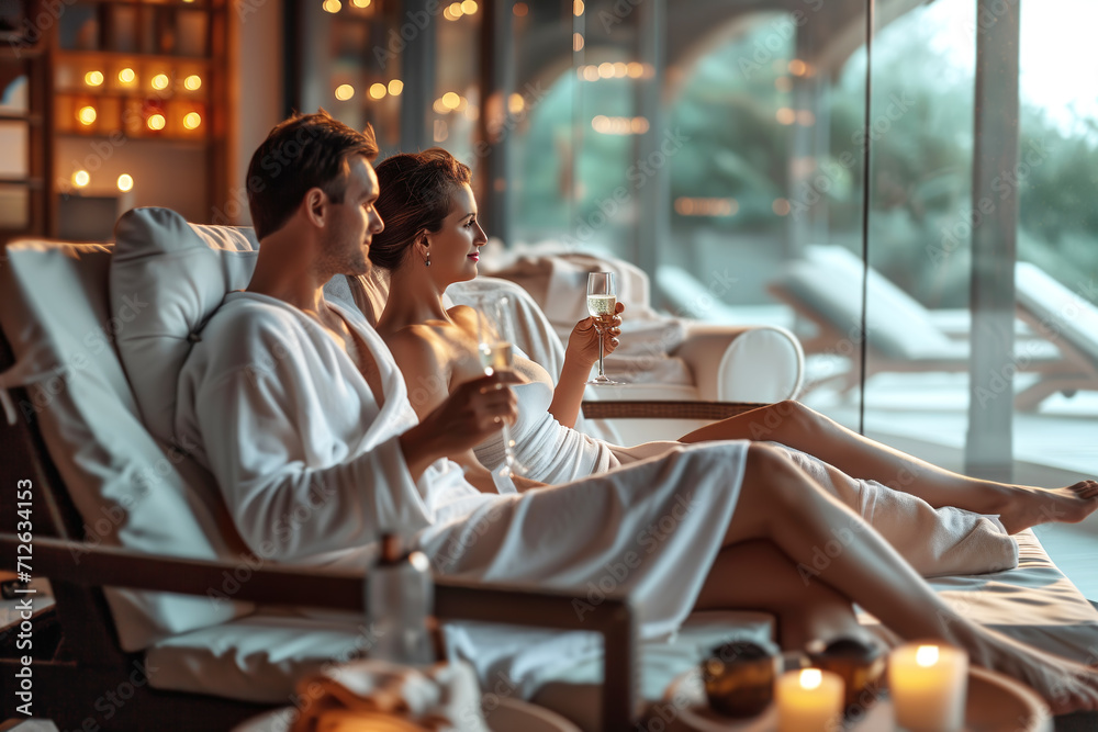 Couple in love enjoys a romantic spa experience with champagne and ambient candle lighting - obrazy, fototapety, plakaty 