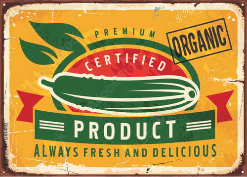 Cucumber farm fresh product retro advertising sign. Vintage poster for organic vegetables. Food and agriculture vector image.