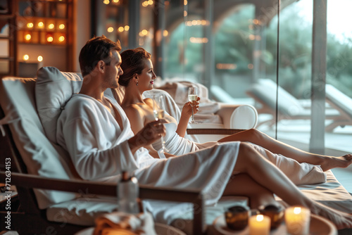 Couple in love enjoys a romantic spa experience with champagne and ambient candle lighting photo