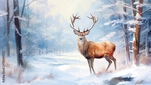 Deer in winter forest. Wild animal in winter forest. Wildlife scene.