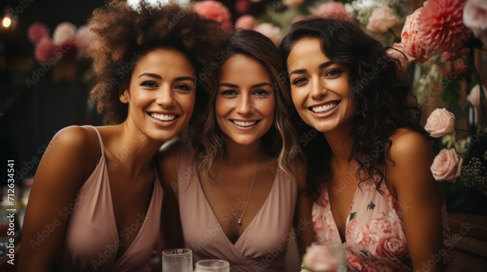 Galentines day. Three young women are sitting at the table and drinking wine, laughing, having fun together.