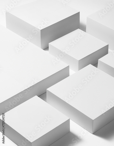 Gorgeous white cubes on flat surface with cast shadow, podium for products presentation, mockup. Stage for showcase. 